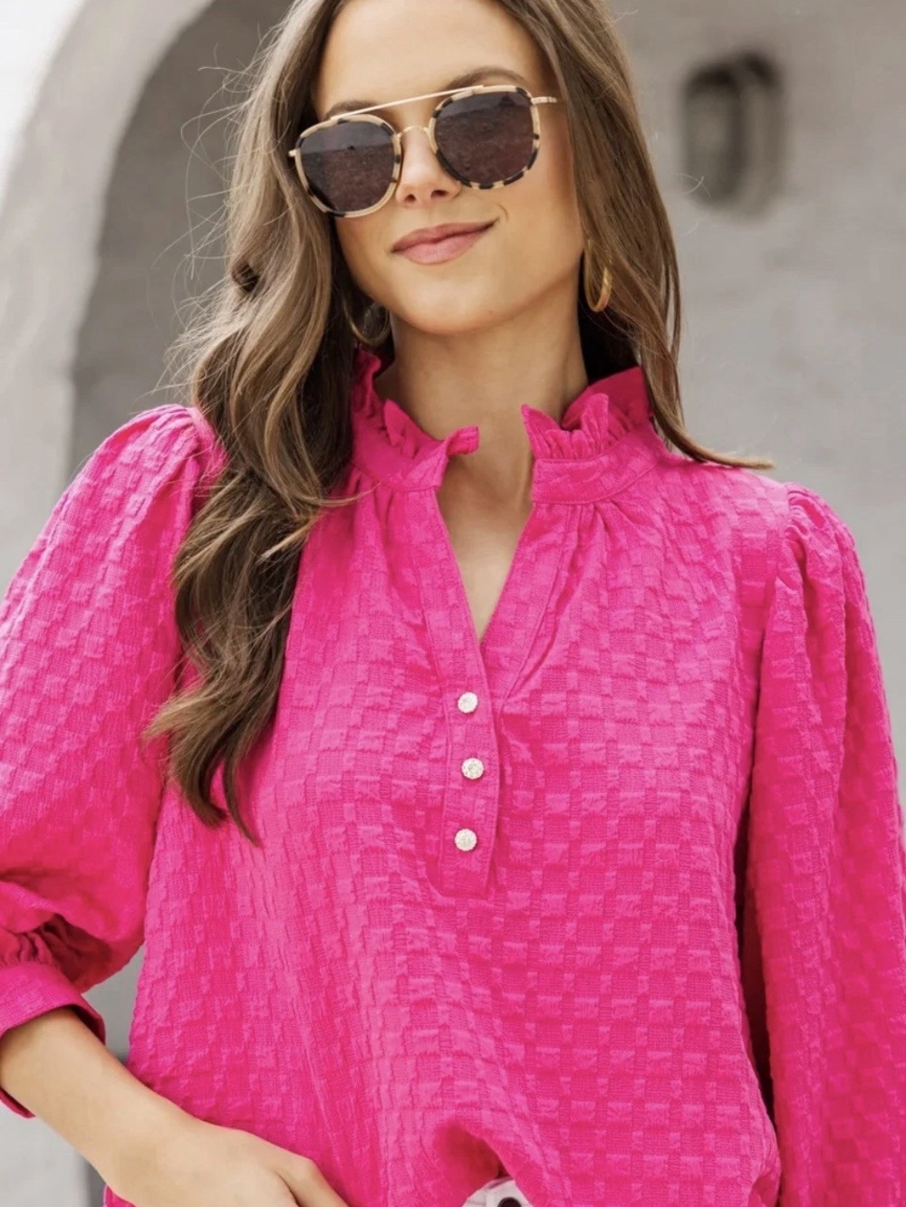 Shop the Mint Textured Knit V-Neck Pullover Blouse Ruffled Collar 3/4 sleeves M - Picture 7 of 9